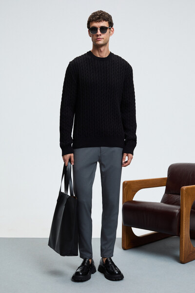 GRIMELANGE Crudo Men's Regular Fit Woven Dark Gray Trousers with Side and Back Pockets and Zipper
