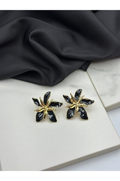 Unzilee أقراط أنيقة بتصميم مينا أسود وزهور ذهبية وتفاصيل ذهبية