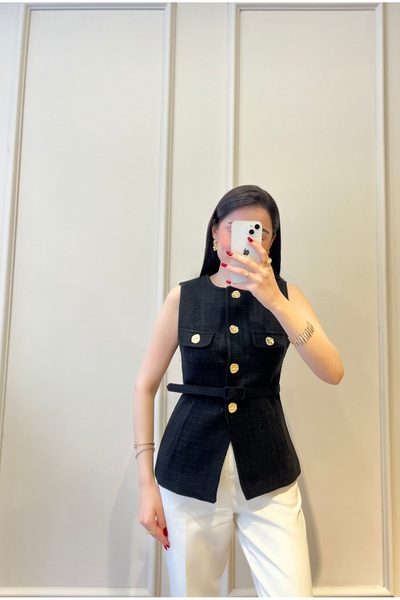 Zims Butik Gold Düğme Detaylı Kemerli Tüvit Yelek Siyah