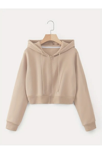 LG LAGULER Kadın Crop Fermuarlı Kapüşonlu 3 İplik Polarlı Sonbahar/Kış Kısa C...