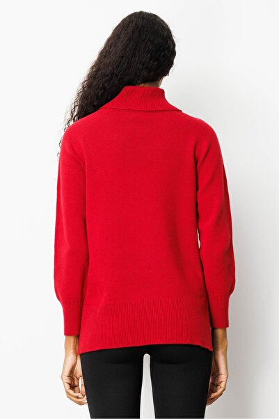 Desen Triko Women's Full Turtleneck Wool Sweater with Side Slits Dark Red