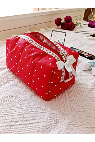 Mufincollection Red Polka Dot Fabric Makeup Bag – Zippered & with Bow