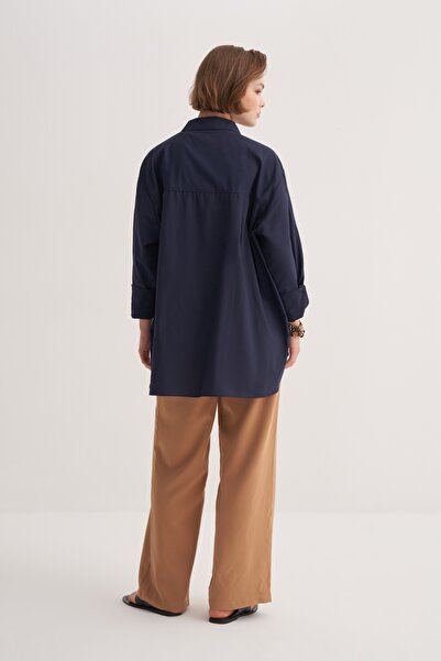 EBU Prive Women's Poplin Oversize Robe Shirt Navy Blue