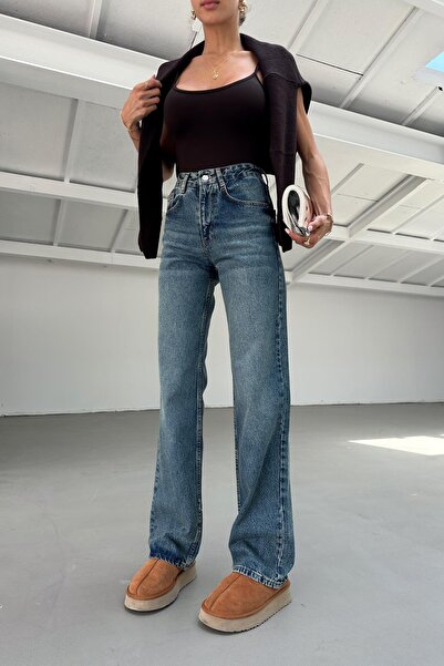 mylove Yıkamalı Wide Leg Jean Mavi