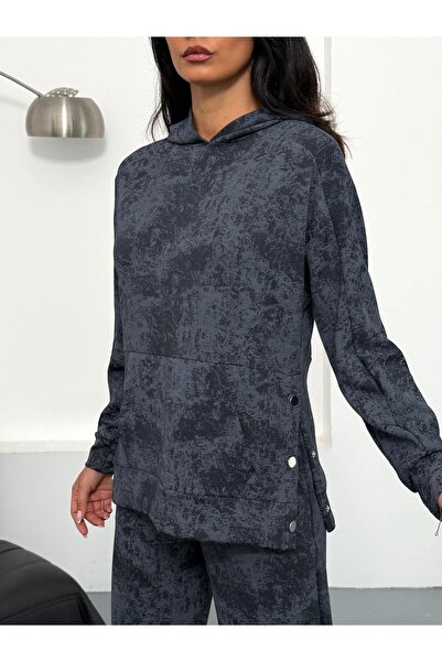 Ded COLLECTION Women's Tie-Dye Patterned Hooded Modal Set with Kangaroo Pocket and Snap Detail