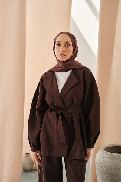 LOCCO Women's Waist Tie Kimono Set Brown