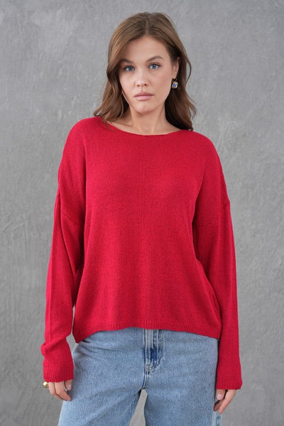 bayansepeti Red Round Neck Knitwear Oversize Sweater 6933