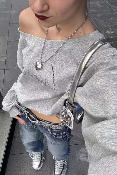 Karakedi Gray Melange Wide Shoulder Long Sleeve Crop Bodysuit