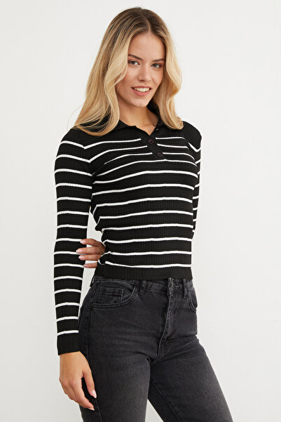 Fulla Moda Pulover tricotat cu guler polo cu jumătate de nasturi