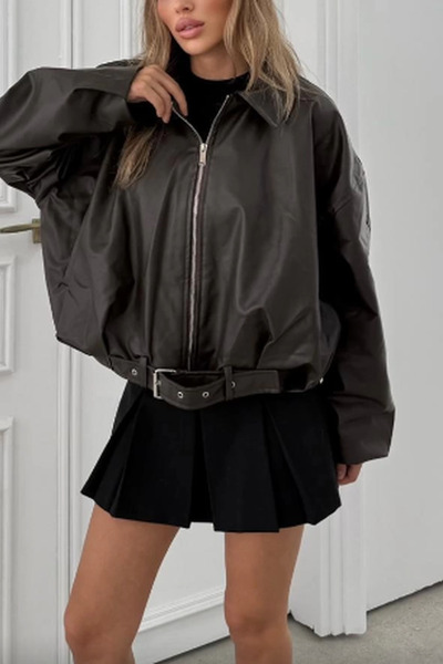 Jaglion Luvren AcıKahve Street Style кожено яке с колан и качулка ZR