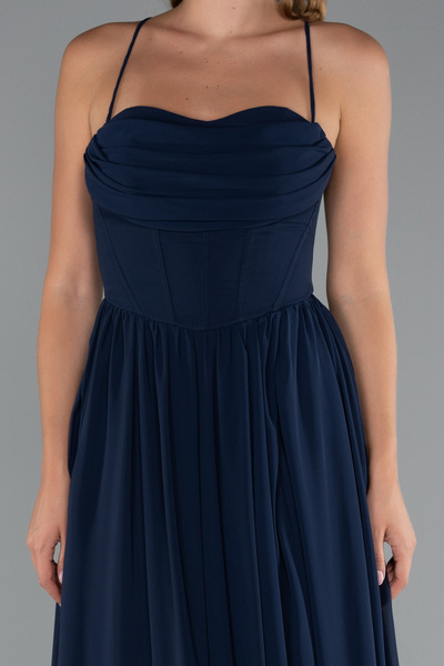 Abiyefon Lacivert Sırt Ve Bacak Dekolteli Uzun Şifon Abiye ABU5223