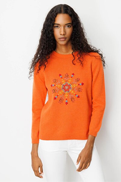 Desen Triko Women's Crew Neck Snowflake Embroidered Wool Sweater Orange