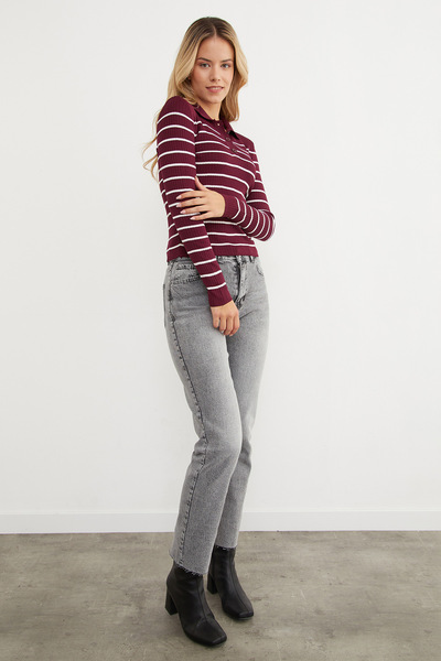 Fulla Moda Pulover tricotat cu guler polo cu jumătate de nasturi