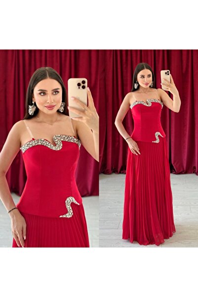 Nezzline Uzun Pileli Etek ve Taşlı Askılı Üst Takımı