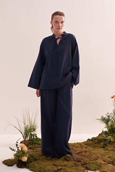 EBU Prive Women's Organic Cotton V-Neck Blouse Navy Blue