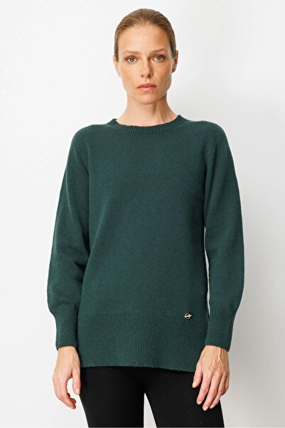 Desen Triko Women's Crew Neck Side Slit Wool Sweater Green