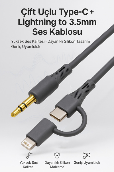 Coverzone Type-C + Lightning 3.5mm Kablo 100cm, Araba, Kulaklık, Ev Ses Ekipm...