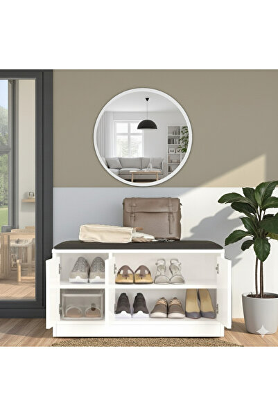 Robin Home Puflu Minderli Oturaklı Aynalı Ayakkabılık Dolap 90cm Beyaz