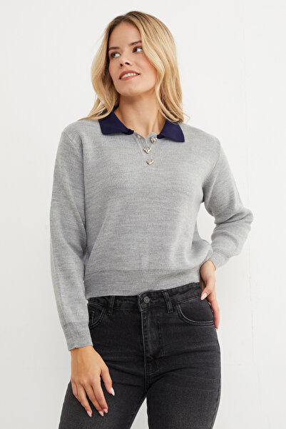 Fulla Moda Βασικό πλεκτό πουλόβερ με μισό κουμπί με λαιμόκοψη πόλο