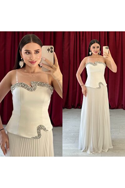 Nezzline Uzun Pileli Etek ve Taşlı Askılı Üst Takımı