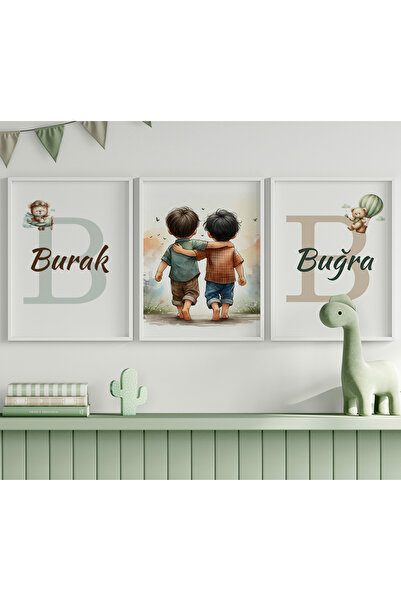 CKA Tasarım İkiz Erkek Bebek Ayıcıklı İsim Tablo Seti, Çocuk odası Tablo, Beb...