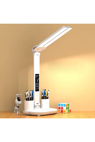 Travel LED Çift Başlıklı Dokunmatik Masa Lambası Takvim & Saat USB’li Katlana...