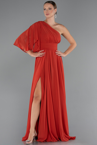 Abiyefon Kiremit Asimetrik Tek Kol Yırtmaçlı Uzun Şifon Abiye ABU5259