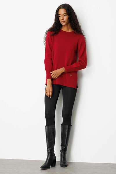 Desen Triko Women's Crew Neck Wool Sweater with Side Slits V.Çürüğü