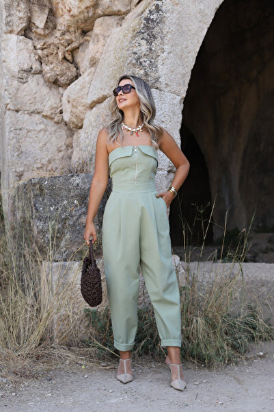 bytugcekaya Khaki Strapless Zipper Detail Jumpsuit