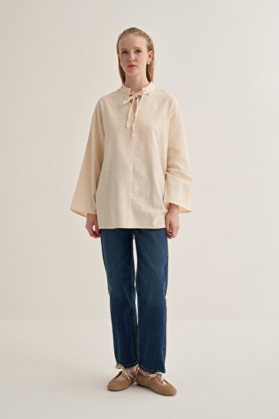 EBU Prive Women's Organic Cotton V-Neck Blouse Cream