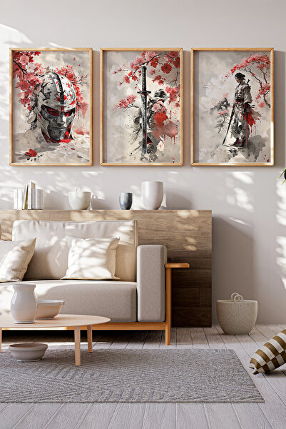 Tontilika Samuray Savaşçıları 3 Parçalı Ahşap Çerçeveli Tablo Seti