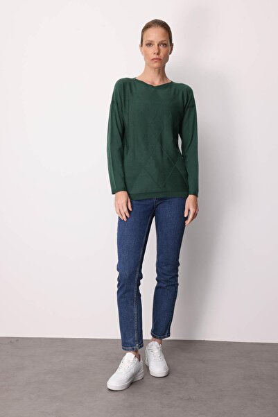 Desen Triko Women's Front Diamond Patterned Side Knitted Sweater Ö.Başı