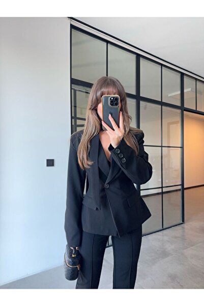 BB Bensu Buyruk Jachetă blazer neagră cu eșarfă BELDEN