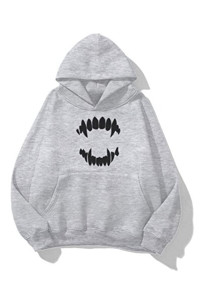 Know Unisex Tooth Baskılı Kapüşonlu Sweatshirt Hoodie Gri