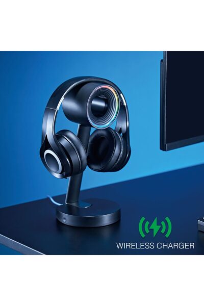 StableDesk Suport inelar pentru căști de gaming, iluminare RGB, încărcare wir...