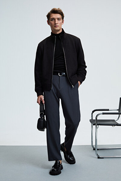 GRIMELANGE Brigham Men's Elastic Waist Pleated Relaxed Fit Woven Anthracite Pants with Side and Back Pockets and Zipper Closure