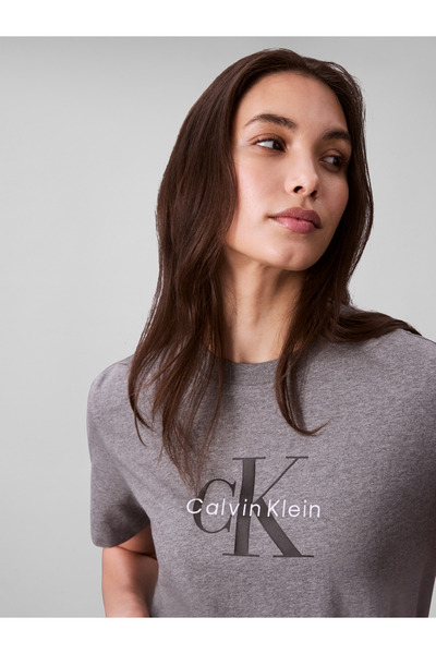 Calvin Klein Women Med Grey Htr Hero Short Sleeve Classic Monologo Cotton Tee