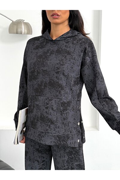 Ded COLLECTION Women's Tie-Dye Patterned Hooded Modal Set with Kangaroo Pocket and Snap Detail