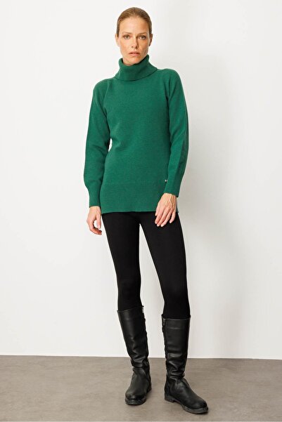Desen Triko Women's Full Turtleneck Wool Sweater with Side Slits O.Basi