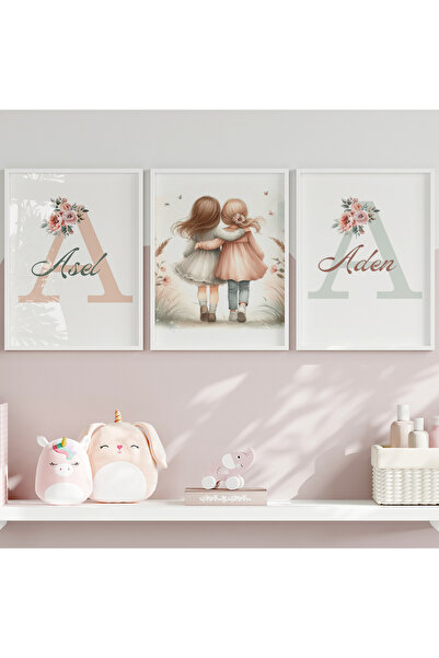 CKA Tasarım Set de tablouri cu nume florale pentru fetițe, pictură pentru camera copiilor, pictură pentru camera bebelușului