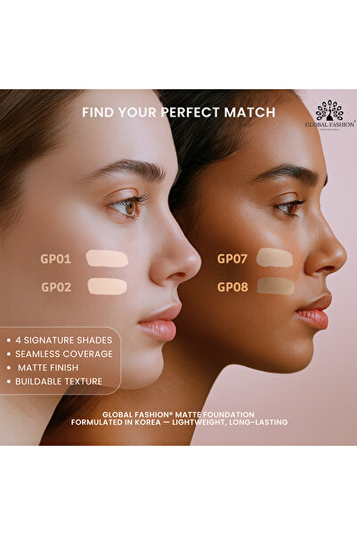 global fashion Matte Foundation 35ml – 8 Shades, Full Coverage, Long-Lasting, Waterproof, Oil-Free Base with SPF 20