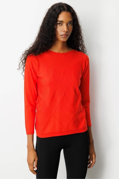Desen Triko Women's Front Diamond Patterned Side Knitted Sweater Coral