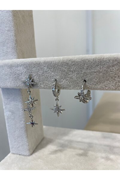 Glossy by Burcu Karataş Minimal Kutup Yıldızı Küpe Seti 3’lü Silver Renk(Piercing dahil değildir )