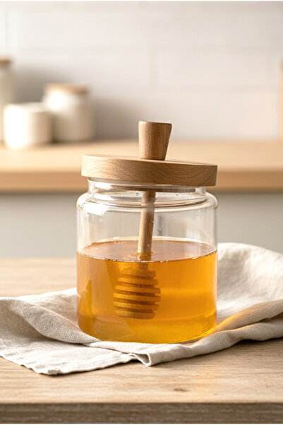 FH finehome Latina Acacia Glass Honey Jar with Lid and Spoon