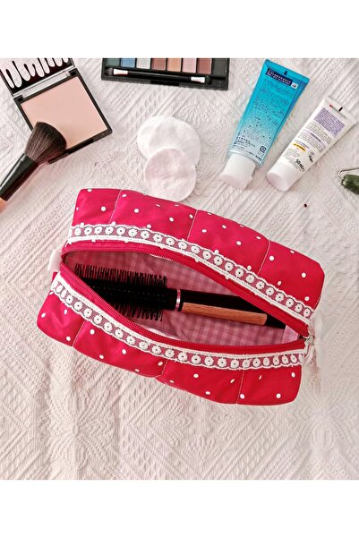 Mufincollection Red Polka Dot Fabric Makeup Bag – Zippered & with Bow