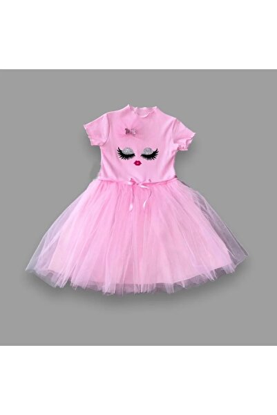 Beruflic Baby 5-6-7 Years Old Sequined Fancy Face Printed Girl's Dress Pink
