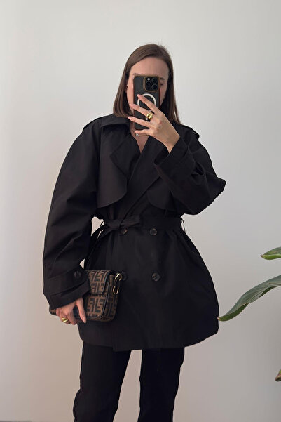 My Blog Black Windbreaker Detailed Belted Short Trench Coat - 7556