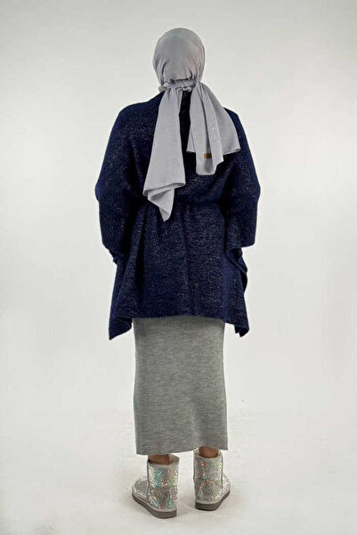 Bym Fashion Sim Detailed Pocket Poncho 18332 Navy Blue-Silver