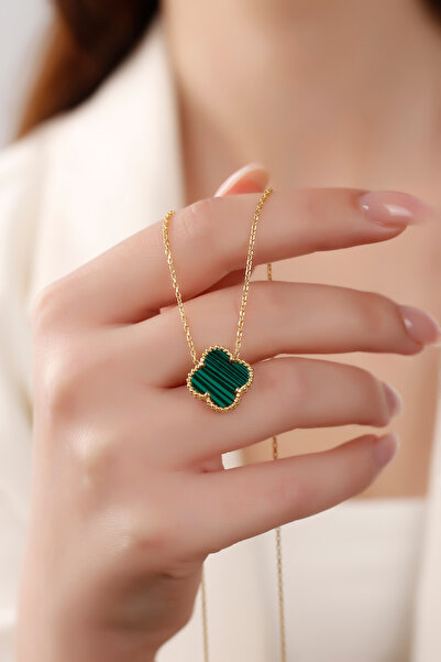 SARIASLAN 925 Ayar Gümüş Yeşil Taşlı Dört Yaprak Yonca Kolye Gold Renk