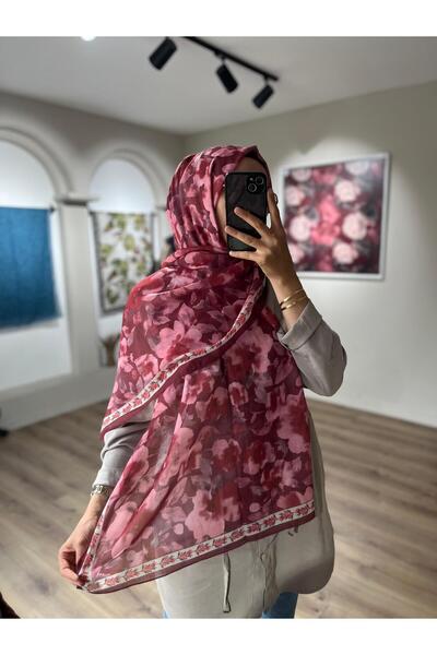 Merwiss Tokyo Çiçek Desen Rami Şal - Vişne